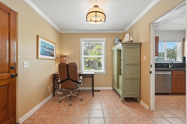 1146 Riverside Dr, Daytona Beach, FL 32117 - home office featuring ornamental molding, light tile patterned floors, and a textured ceiling