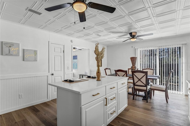 54221 Cravey Rd, Callahan, FL 32011 - kitchen with ceiling fan, an ornate ceiling, dark wood finished floors, light countertops, and white cabinetry