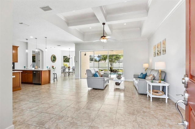 15 Long Pl, Palm Coast, FL 32137 - living area featuring ceiling fan, coffered ceiling, crown molding, beam ceiling, and light tile patterned floors