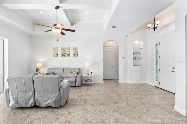 15 Long Pl, Palm Coast, FL 32137 - living area with coffered ceiling, ornamental molding, a chandelier, beamed ceiling, and recessed lighting