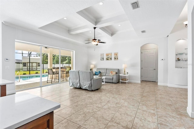 15 Long Pl, Palm Coast, FL 32137 - living area with crown molding, a ceiling fan, coffered ceiling, beamed ceiling, and light tile patterned floors