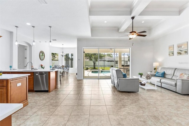 15 Long Pl, Palm Coast, FL 32137 - living area featuring ceiling fan, coffered ceiling, ornamental molding, beam ceiling, and light tile patterned floors