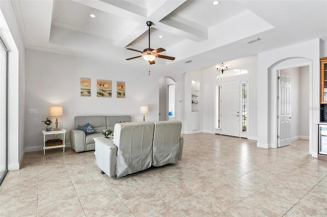 15 Long Pl, Palm Coast, FL 32137 - living room featuring arched walkways, coffered ceiling, recessed lighting, beamed ceiling, and light tile patterned floors