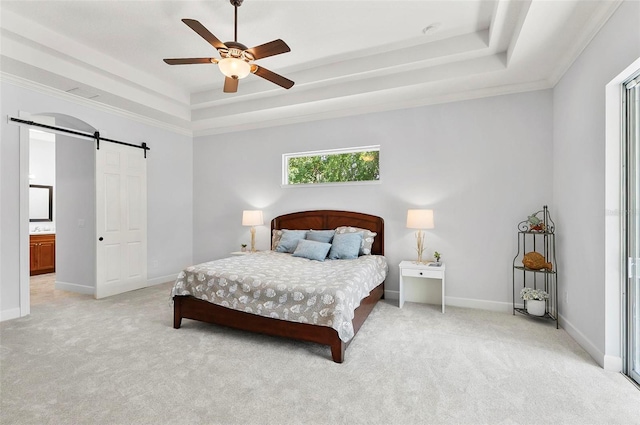 15 Long Pl, Palm Coast, FL 32137 - bedroom featuring a raised ceiling, a barn door, light colored carpet, and ceiling fan