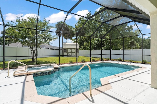 15 Long Pl, Palm Coast, FL 32137 - view of pool with a patio area, a pool with connected hot tub, a shed, and a fenced backyard