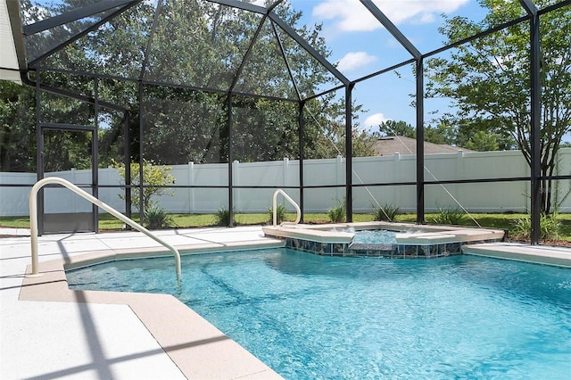 15 Long Pl, Palm Coast, FL 32137 - view of swimming pool with a fenced backyard, glass enclosure, a pool with connected hot tub, and a patio