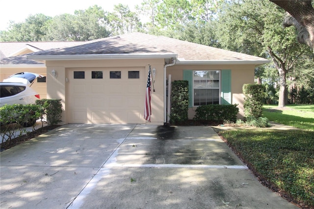 07 Gaston Pl, Palm Coast, FL 32164 - ranch-style house with stucco siding, an attached garage, a shingled roof, and driveway