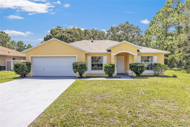 112 Ulaturn Trl, Palm Coast, FL 32164 - ranch-style home featuring stucco siding, concrete driveway, a front yard, an attached garage, and a shingled roof