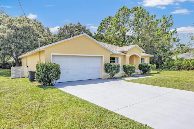 112 Ulaturn Trl, Palm Coast, FL 32164 - ranch-style house featuring a garage, driveway, stucco siding, and a front lawn