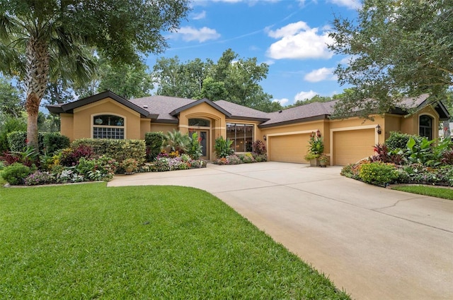 23 Creekside Dr, Palm Coast, FL 32137 - view of front facade with stucco siding, a garage, a front lawn, and concrete driveway