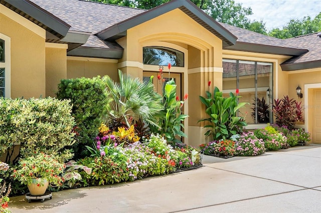 23 Creekside Dr, Palm Coast, FL 32137 - doorway to property featuring a shingled roof, stucco siding, a garage, and driveway