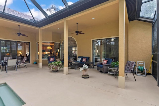 23 Creekside Dr, Palm Coast, FL 32137 - view of patio with ceiling fan, an outdoor living space, glass enclosure, and outdoor dining space