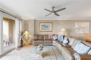 80 Surfview Dr Unit 408, Palm Coast, FL 32137 - living room with crown molding and ceiling fan