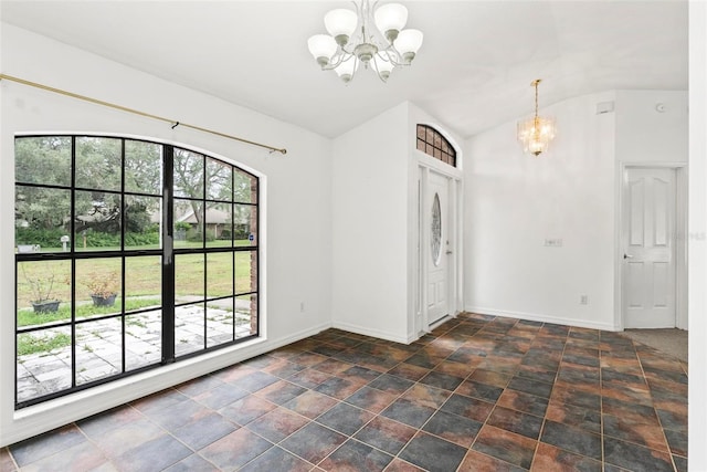 2790 Pelham Cir, Deltona, FL 32738 - empty room with a chandelier, vaulted ceiling, and stone finish floors