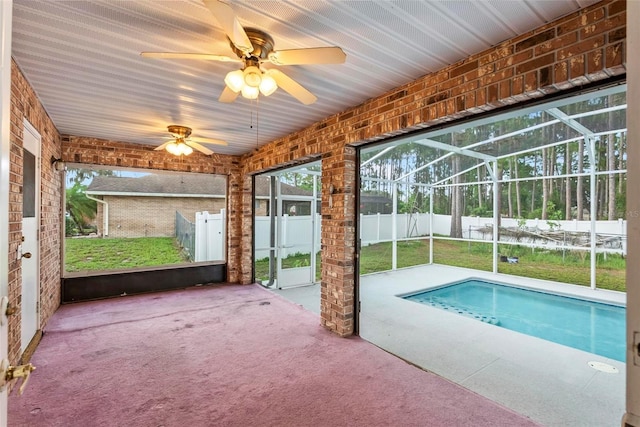 2790 Pelham Cir, Deltona, FL 32738 - view of swimming pool featuring a patio, a fenced backyard, glass enclosure, and ceiling fan