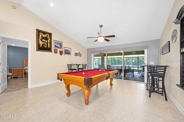 3959 S Chinook Ln, Ormond Beach, FL 32174 - recreation room with vaulted ceiling, a ceiling fan, and pool table