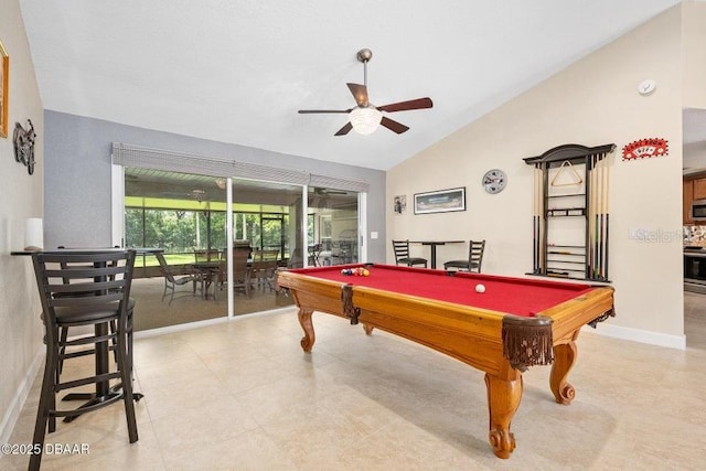 3959 S Chinook Ln, Ormond Beach, FL 32174 - game room with a ceiling fan, lofted ceiling, and billiards