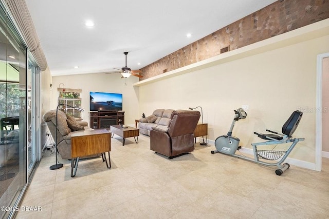 3959 S Chinook Ln, Ormond Beach, FL 32174 - living area with ceiling fan, recessed lighting, lofted ceiling, and light tile patterned floors