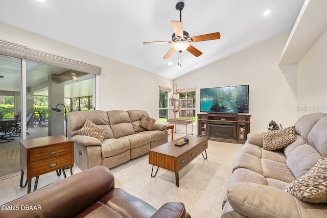 3959 S Chinook Ln, Ormond Beach, FL 32174 - living area with vaulted ceiling, a ceiling fan, light tile patterned flooring, and recessed lighting