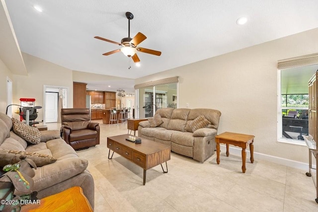 3959 S Chinook Ln, Ormond Beach, FL 32174 - living area featuring ceiling fan, recessed lighting, light tile patterned floors, and lofted ceiling