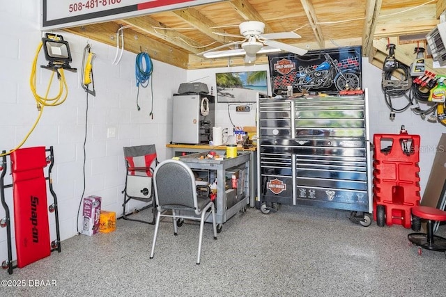 3959 S Chinook Ln, Ormond Beach, FL 32174 - garage featuring a ceiling fan and concrete block wall
