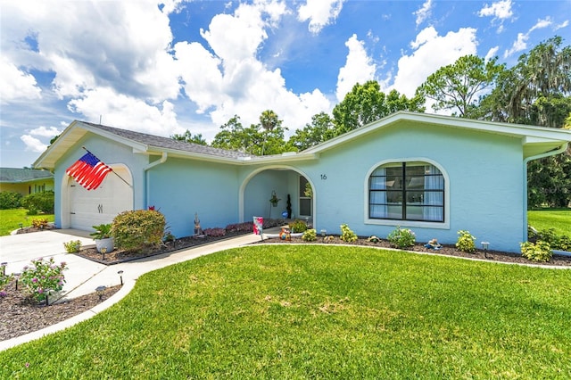 16 Courtney Pl, Palm Coast, FL 32137 - single story home with concrete driveway, an attached garage, a front lawn, and stucco siding