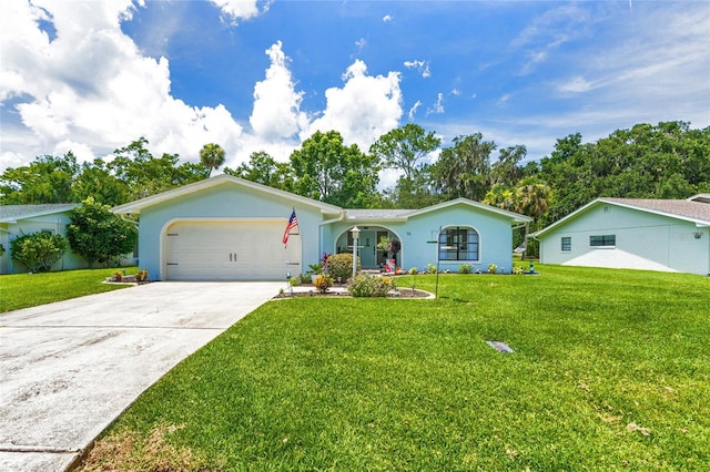 16 Courtney Pl, Palm Coast, FL 32137 - ranch-style home with concrete driveway, a front yard, a garage, and stucco siding