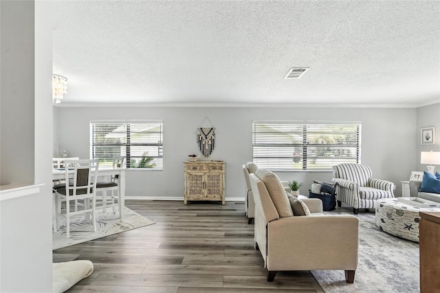 16 Courtney Pl, Palm Coast, FL 32137 - living room featuring ornamental molding, wood finished floors, a textured ceiling, and a chandelier