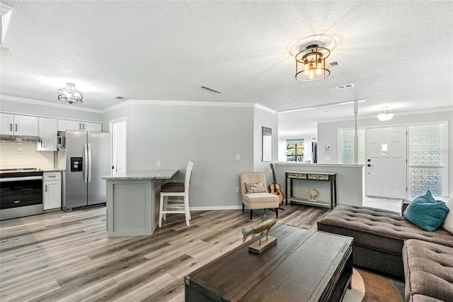 16 Courtney Pl, Palm Coast, FL 32137 - living area with a textured ceiling, light wood finished floors, and crown molding