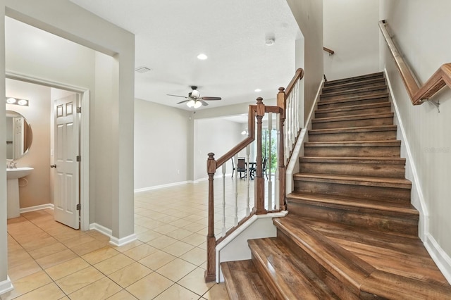 176 Nelson Ln, Saint Johns, FL 32259 - staircase with tile patterned floors, ceiling fan, and recessed lighting