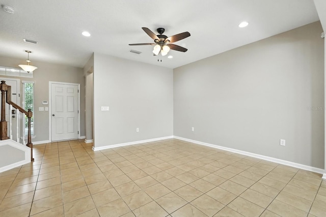 176 Nelson Ln, Saint Johns, FL 32259 - empty room featuring ceiling fan, light tile patterned floors, recessed lighting, and stairs