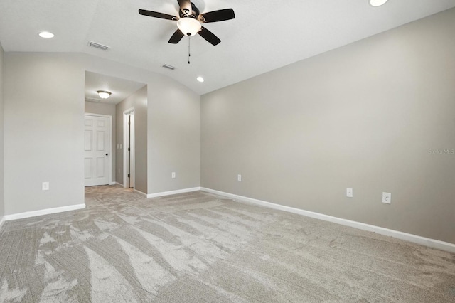 176 Nelson Ln, Saint Johns, FL 32259 - unfurnished room featuring ceiling fan, light colored carpet, vaulted ceiling, and recessed lighting