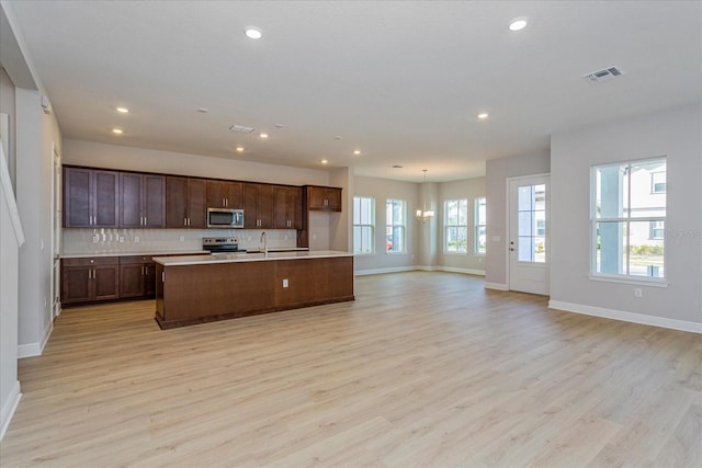 kitchen featuring stainless steel appliances, light countertops, decorative backsplash, open floor plan, and a kitchen island with sink