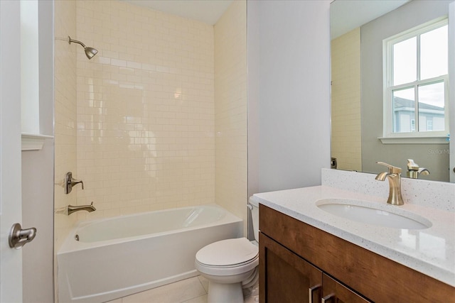 full bath featuring tile patterned floors, vanity, toilet, and shower / bathtub combination