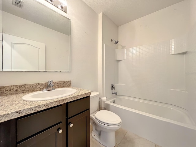 full bathroom with toilet, vanity with extensive cabinet space, shower / washtub combination, tile floors, and a textured ceiling