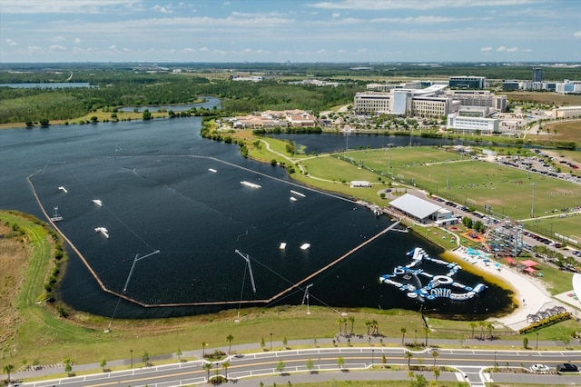 birds eye view of property featuring a water view