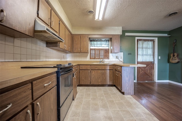 kitchen with stainless steel range with electric cooktop, sink, tasteful backsplash, a textured ceiling, and light wood-type flooring