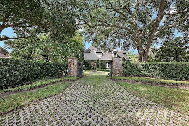 view of gate with a lawn