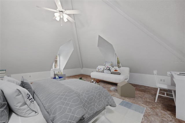 bedroom with light tile floors, lofted ceiling, and ceiling fan