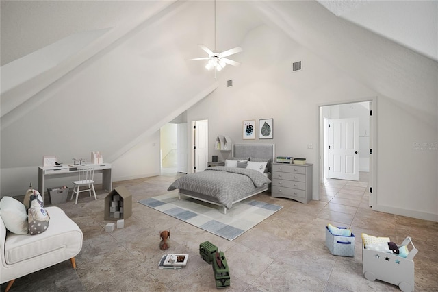 bedroom with high vaulted ceiling and ceiling fan