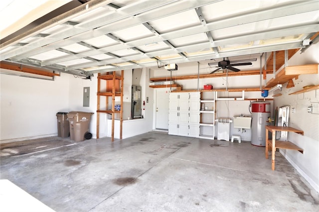 garage with ceiling fan, sink, electric water heater, electric panel, and a garage door opener