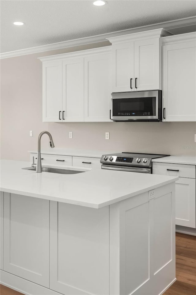 kitchen featuring wood-type flooring, white cabinetry, appliances with stainless steel finishes, and crown molding