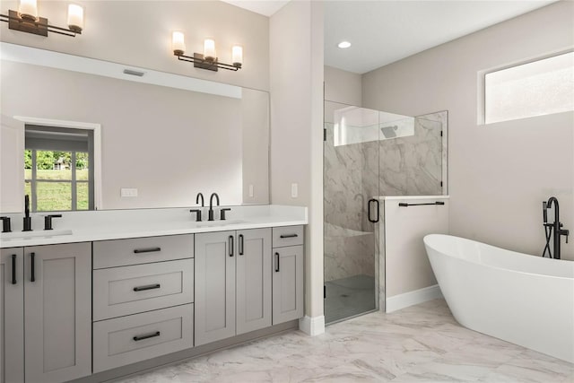 bathroom featuring oversized vanity, tile floors, double sink, and independent shower and bath