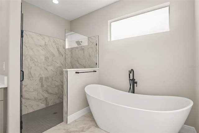 bathroom featuring vanity, plus walk in shower, and tile floors