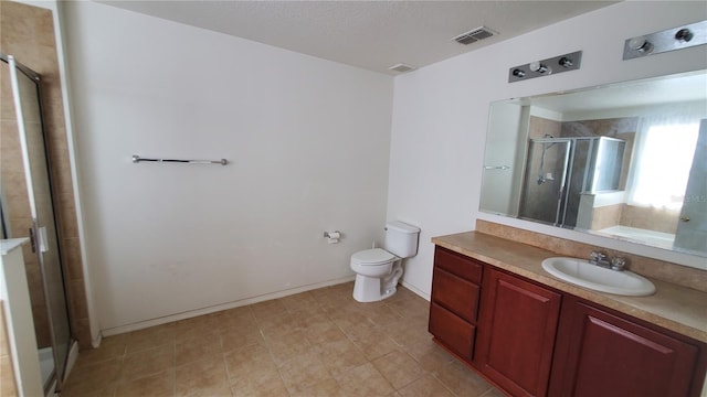 bathroom featuring oversized vanity, toilet, walk in shower, and tile flooring