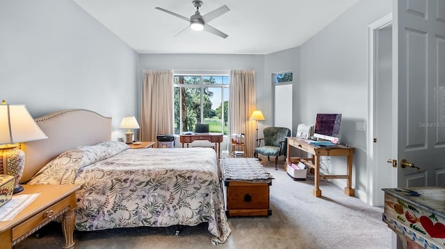 carpeted bedroom with ceiling fan