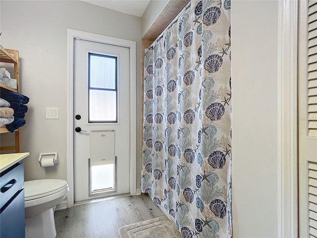 bathroom featuring hardwood / wood-style floors, vanity, toilet, and a wealth of natural light