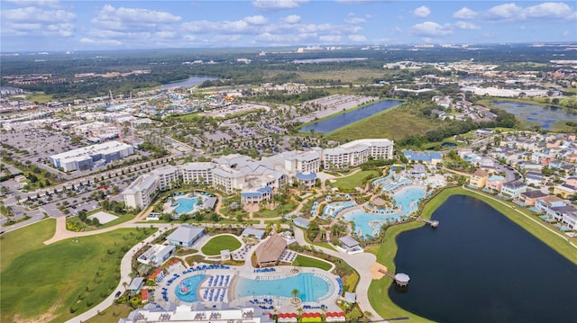 bird's eye view with a water view