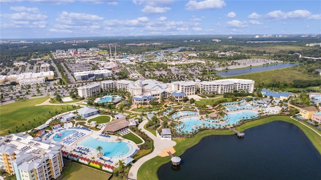 drone / aerial view with a water view