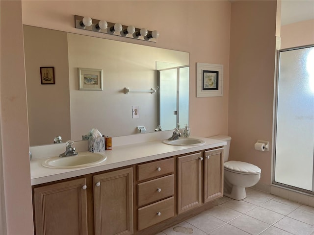 bathroom featuring tile patterned flooring, vanity, toilet, and an enclosed shower